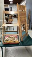 (3)WOODEN FOLDING CHAIRS + ONE TAPESTRY PILLOW