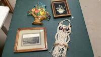 (4) ITEMS - CHALKWARE FRUIT, MACRAMA OWL, VINTAGE PHOTO, 3D FLORAL
