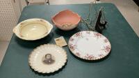 WEDGEWOOD BOWL, ROSEVILLE POTTERY BOWL, ROYAL ALBERT PLATE + MISC PLATE
