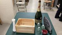 WOOD CRATE, CHAMPAGNE BOTTLE, MILK GLASS VASE, INSULATORS