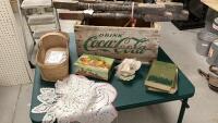 COCA-COLA WOOD CRATE, SPINDLES, DOILIES, FRUIT BASKET, DECORATIVE TIN