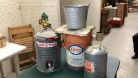 ESSOLUBE 5 GALLON BUCKET, ARCTIC INSULATE JUG, GSW JUG, PAIL, 2 ENDS FROM FRUIT CRATES