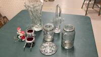 GLASS VASES, JARS , FLOWER FROG, SMALL METAL CHAIRS