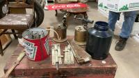 COLLECTION OF VINTAGE ITEMS - (2) BLOW TORCHES, BARN DOOR LATCHES, LONG HINGE, SPIKES, CUPBOARD HINGES (CHROME), PORCELAIN COBALT BLUE JAR (NO LID)