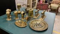 VINTAGE BRASS ITEMS - RAILING ENDS, PAIR OF HANDLES, VASES, PLATES, CARD HOLDER