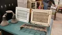 CAST IRON WALL GRATES AND WOOD BOX, INDUSTRIAL CAST ALUMINUM LIGHT FIXTURE