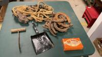HAY HOOK, SMALL SHOVEL, HORSESHOES, BLOCK & TACKLE IN BLUE TOTE