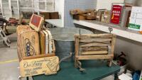 OLD WOOD WRINGER - IMPROVED SURE GRIP + ROUND WASH TUB AND WOOD ENDS FOR FRUIT BOXES