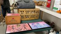 SMALL SHOESHINE WOOD BOX, (2) FRAMED ARTWORK, WICKER/BAMBOO BOX, OLD DR.&rsquo;S BAG