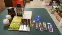 COLLECTOR SPOONS, STANLEY STEAK KNIFE SET, SET OF (4) COMMUNITY SPOONS, SALT & PEPPER, BEER STEIN, MONKEY BANK