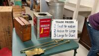 (6) VINTAGE PIECES - BRASS FIREPLACE TOOLS, LARGE COFFEE CAN (NO LID), ICE CREAM METAL MOLD - 5 GAL, PRIZE SIGN AND WOOD BOX