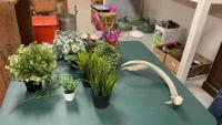 SMALL POTS OF ARTIFICIAL PLANTS & ONE ANTLER SHED