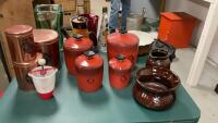 RETRO KITCHEN WARE - BUNDT PAN, CANISTER SETS, POTTERY COFFEE POT & SPITTOON, LARGE GLASS VASE,