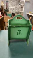WOOD MAGAZINE RACK - PAINTED GREEN & STENCILLED