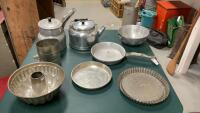 ALUMINUM KITCHENWARE. - SIEVE, KETTLE, DOUBLE BOILER, BUNDT PANS ETC