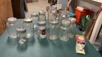 VINTAGE CANNING JARS, A FEW STANDARD SNAP LIDS, A FEW MEDICINE & LOTION JARS