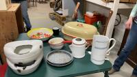 ENAMELWARE PIECES - ROASTER, BASIN, KETTLE, POTS, (2) BED PANS, PLATES