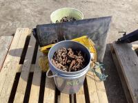 PALLET W/ (2) BUCKETS OF CHAINS & TARPS