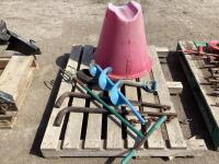 PALLET W/ PIPE STAND, SHOVEL, DRILL BIT & HITCH LEVEL