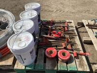 PALLET W/ (4) 5-GALLON PAILS W/ REBAR CHAIRS, HILTI DRILL BITS & MISC