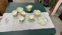 HYCROFT CHINA DISH SET - LIGHT GREEN CALICO PATTERN AND A HANDSTITCHED TABLE RUNNER