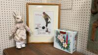 FRAMED ADVERTISING FROM A MAGAZINE, HUNTSLEY & PALMER COOKIE TIN & PORCELAIN RABBIT