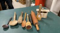 MISC WOOD KITCHEN ITEMES - BUTTER PRESS, MASHERS, ROLLING PIN, SCOOP