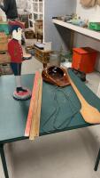 METAL STOCKING HOLDERS, WOOD YARD STICKS, WOOD SOLDIER W/ SMALL SHELF, POTTERY BED PAN, WOOD PADDLE