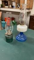 (2) OIL LAMPS - CPR W/ METAL BASE & BLUE/WHITE GLASS BASE