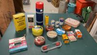 VINTAGE TINS, (2) BOXES CANDLES & MISC COLLECTIBLE ITEMS