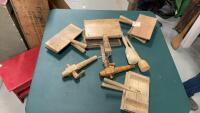 (4) SETS HAND WOOL CARDERS, WHISKEY BARREL SPOUTS, MASHERS,
