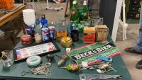 BOX W/ MISC COLLECTIBLES - PEPSI STAR WARS CANS & CUPS, BOTTLE CAPS, RAWLES & WATKINS TINS, ANTIQUE DOOR HANDLES, QUART POP BOTTLES ETC