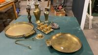 BRASS ITEMS - MINI GOBLETS ON TRAY, (2) ROUND TRAYS, ICE CUBE TONGS, MINI FIRE EXTINQUISHER