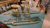 BRASS ITEMS - SPITOONS, BRASS RESTS, VASES, FIREPLACE UTENSILS