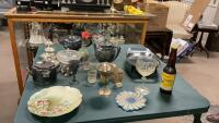 BOX OF MIXED METAL ITEMS, CRYSTAL WINE GLASS, GLASS CANDLE HOLDERS,