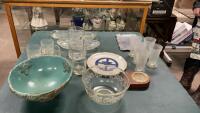 VINTAGE GLASSWARE - HYCROFT, HOMEMADE POTTERY, PICKLE DISHES, MISXING BOWL W/ ETCHING, SUNDAE GLASSES