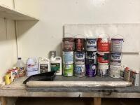 ASSORTED PAINTS, STRIPPER, THINNER, CLEANER, PRIMER, LEMOM OIL, PLASTIC PAINT TRAYS, ROLL OF PLASTIC & MISCELLANEOUS