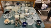 COLLECTIBLE GLASSWARE - CANDY DISHES, BAR GLASSES, BRANDY GLASSES, SILVERPLATE SALT & PEPPERS, (2) PINWHEEL CRYSTAL DIVIDED DISHES