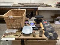 WICKER BASKET W/ RECORDS, NEWPAPER, HAND CLIPPERS, HAIR RESTORER, OLIVE OIL, CAMERA, SPEAKERS, CRYSTALS & MISCELLANEOUS