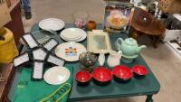 CHIP & DIP SET, LED LIGHT, SMALL VINTAGE TRAY, SMALL TEAPOT, MISC VINTAGE PLATES, SHRINERS ICE BUCKET W/ POOL CUE CHALK, BLACK JACK TABLE CLOTH,