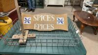 WIRE BASKET, WOOD BUTTER CHURN PADDLES, WOOD SPICES SIGN