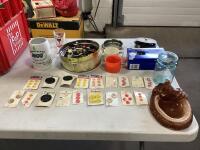 BOX W/ CLOCK, ASSORRMENT OF BUTTONS, CUP, BULBS, THERMOS CUPS, JAR & MISCELLANEOUS