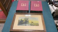 OLD PRINT IN OAK FRAME AND PAIR OF FUNK & WAGNALLS DICTIONARY&rsquo;S