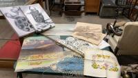 UNFRAMED PICTURES ON BOARD, DOILIES, BRASS CURTAIN BAR, PICTURES ON CANVAS