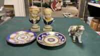(2) DESDEN GERMANY PLATES, PORCELAIN DOG & BUSTS