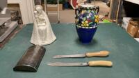 VIRGIN MARY/BABY JESUS STATUE, ROMA VASE, WOOD HANDLE KNIFE, ANTLER HANDLE KNIFE, FLASK,