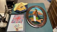 (2) PICTURES - ONE REVERSE PAINTED OF THE STATUE OF LIBERTY IN OVAL CONVEX FRAME & MILITARY COAT OF ARMS