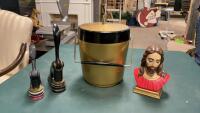 (2) CORPORATE CAST IRON SEALS, ICE BUCKET & JESUS PLASTER BUST