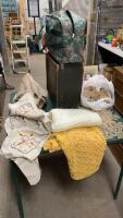 VINTAGE WOOD CASE, DUFFEL BAG W/ CROCHETED DOILIES & TABLECLOTHS, DRIFT WOOD, AND OLD PICTURE