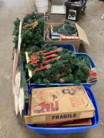 BOXES & TOTES OF ALL MISCELLANEOUS CHRISTMAS ANTIQUES DECOR W/ CHRISTMAS TREES, ORNAMENTS, WRAPPING PAPER & LIGHTS